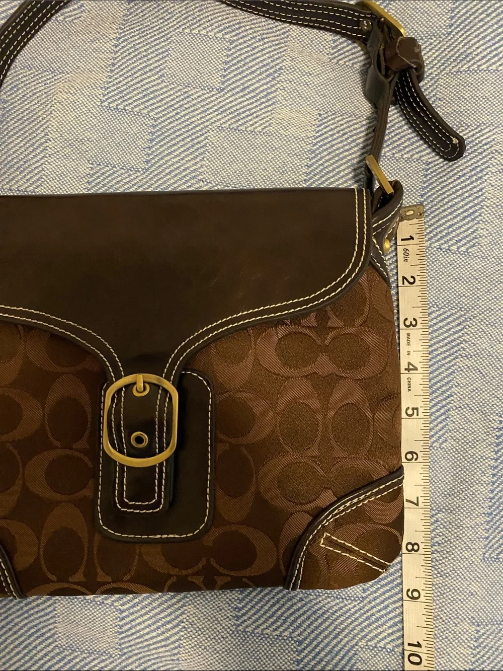 Coach Brown Canvas Signature Shoulder Bag with Dark Brown Leather Trim